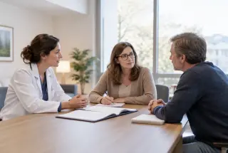 Médecine, psychologue et proche échangent dans une salle lumineuse autour de l’accompagnement de la fin de vie.