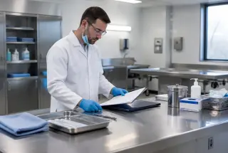 Thanatopracteur équipé vérifiant des documents et préparant du matériel dans une chambre funéraire professionnelle.